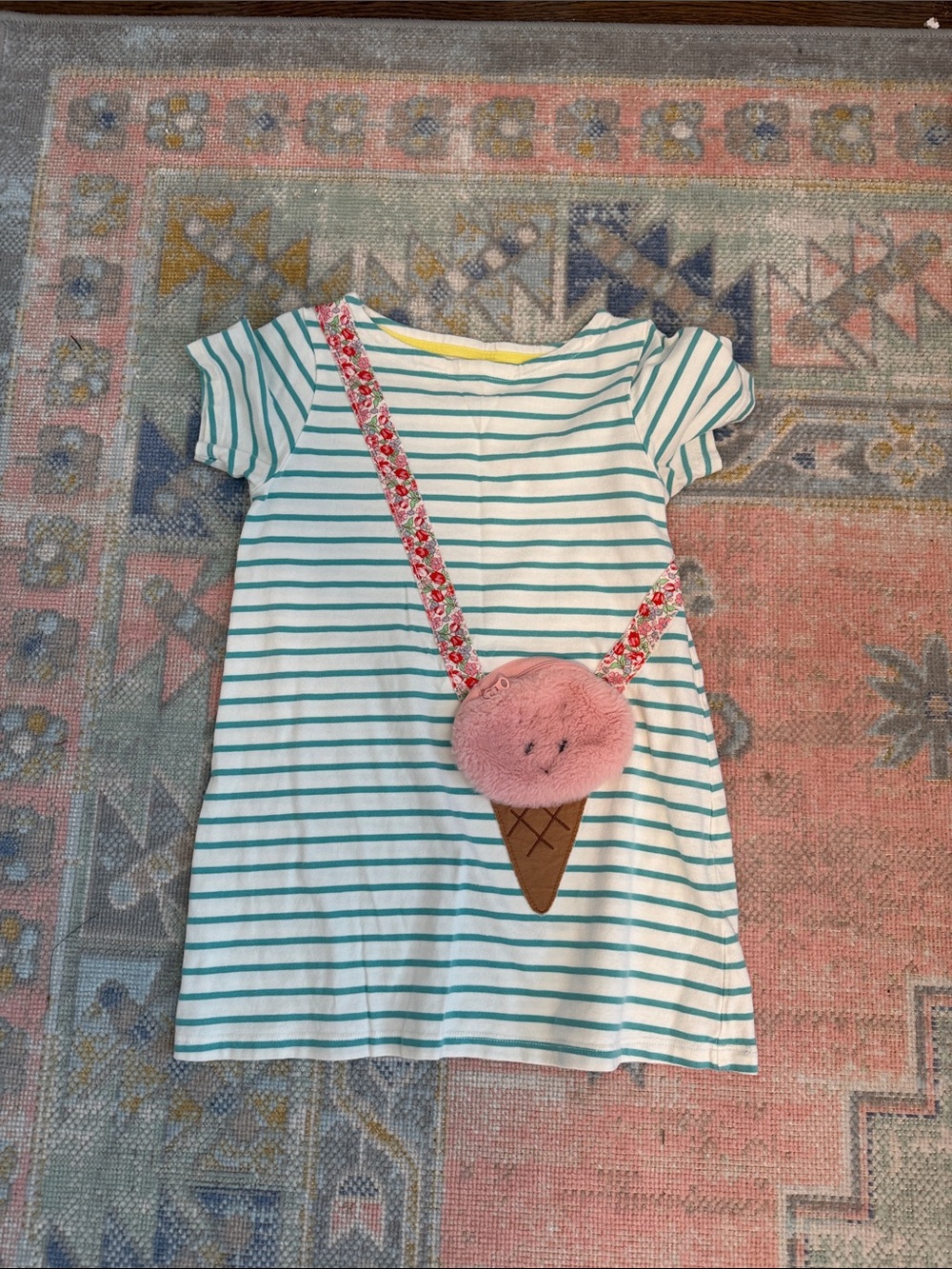 Mini Boden Teal and White Stripe Dress with Pink Ice Cream Crossbody (size 7-8)